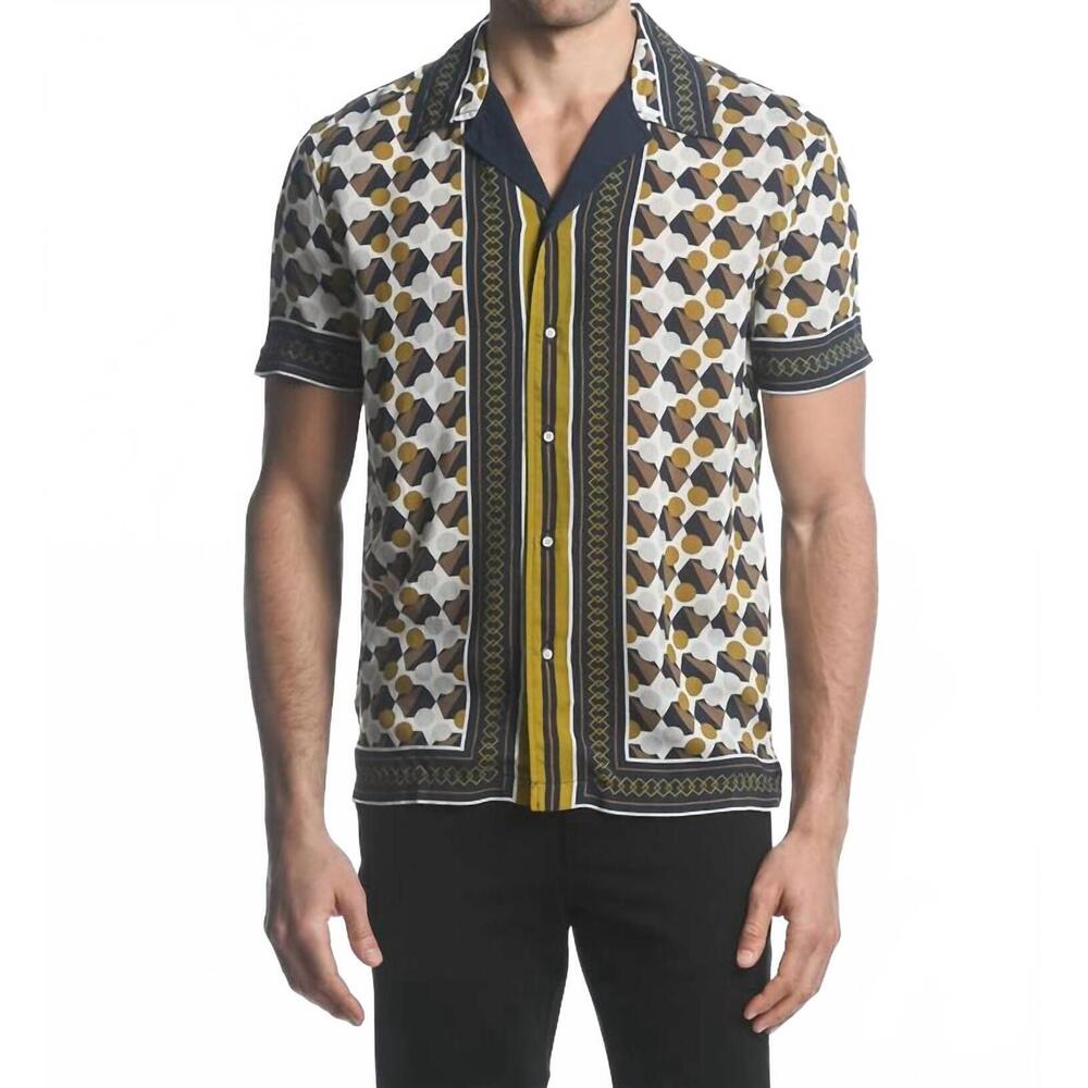 NEW POSTMARC cluster dots short sleeve shirt in gold/ navy